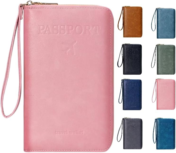 GLOLOOS Multi-Functional RFID Passport Wallet,Travel Wallet for Men & Women,With zipper, anti-theft passport holder，Slim Leather Cover for Credit Cards, Tickets, Cash (Pink) - Image 1